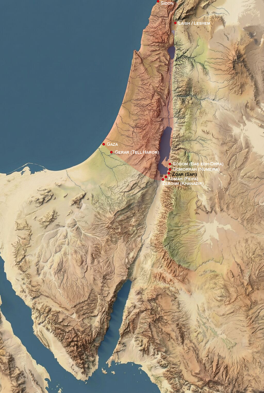 Relief map of Israel showing the location of Canaan's border cities mentioned in Genesis 10:19