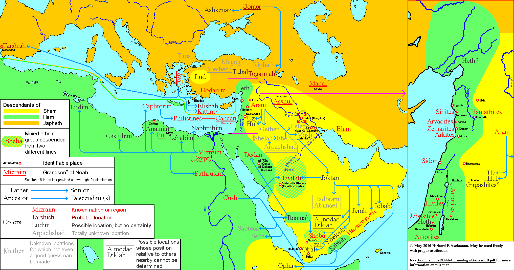 Map of Table of Nations locations for Shem, Ham, and Japheth by descendency