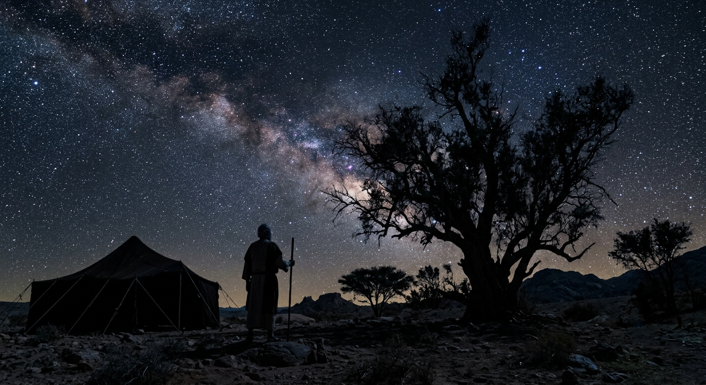 Abram looks up at the star-filled night sky