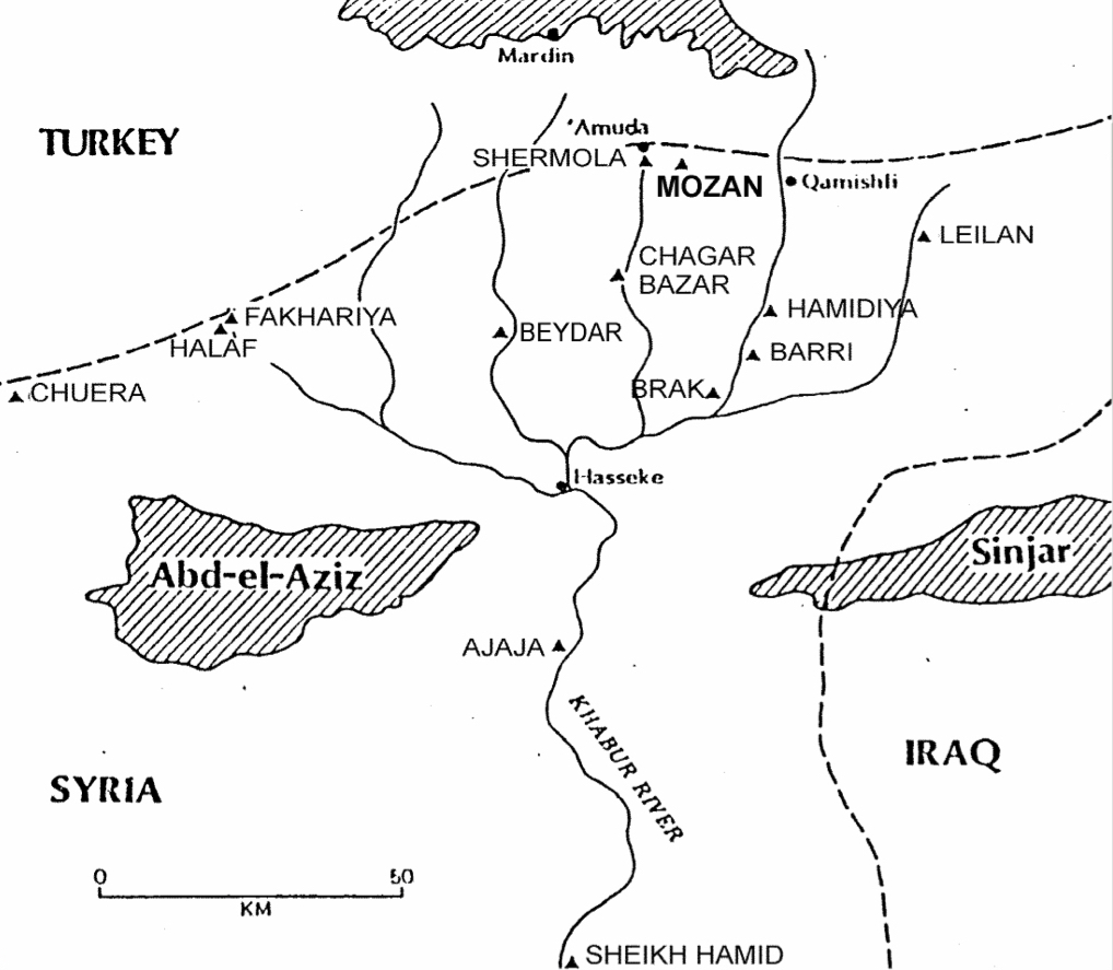 Map of the Khabur River and ancient cities of the Hurrian Ledge