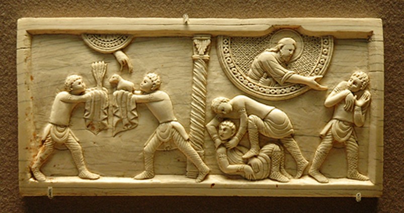 Three-panel depiction of Cain versus Abel: competition for divine favor, fratricide, banishment