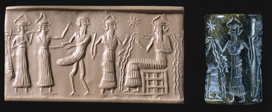 Cylinder seal showing Enki seated on a throne, wearing a horned headdress with a flowing stream full of fish